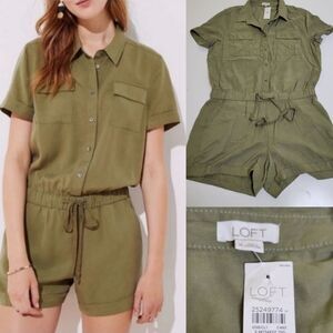 $80 NEW LOFT dark olive green utility romper shorts pockets outfit Medium M NWT